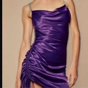 Satin Ruched Purple Slip Dress with Chain Metallic Silver Straps